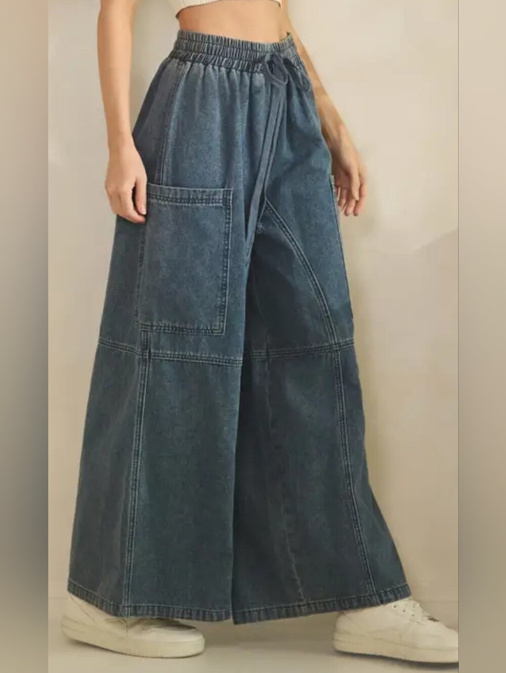 Wide-Leg Drawstring Denim Pants in Washed Blue - Picture 2 of 6